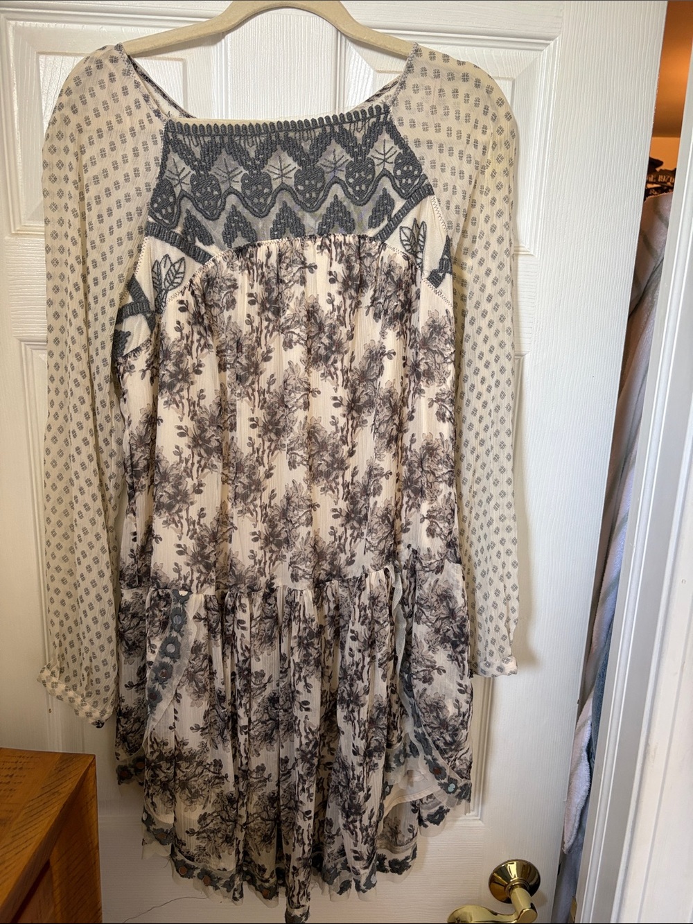 Free People Cream and Black Floral Boho Tiered Dress
